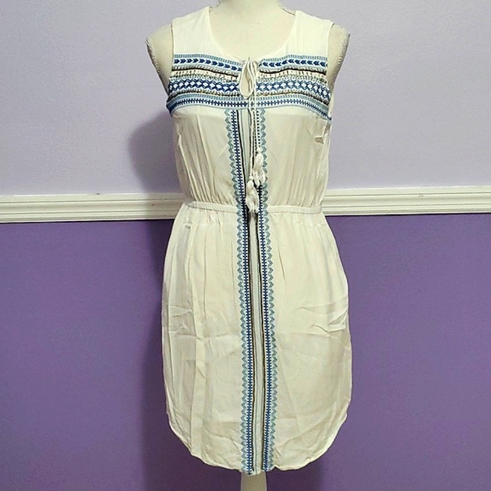Kenji Vintage White Boho Embroidered Sleeveless Shirt Dress 6